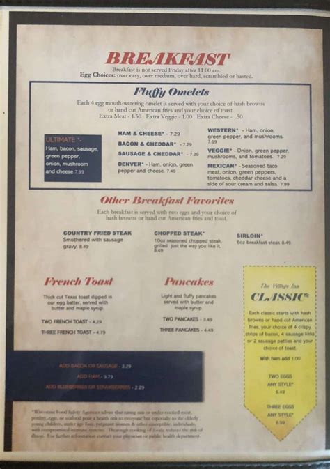 Menu for Village Inn in Marathon City, WI .